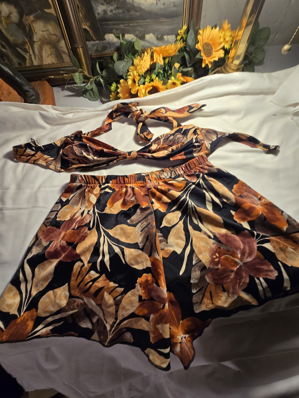 Jantzen Black Floral Two-Piece Swim Set with Orange and Brown Blooms